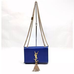 Auth Saint Laurent YSL Blue Grain De Poudre Small Kate Pompom Tassel Clutch Bag